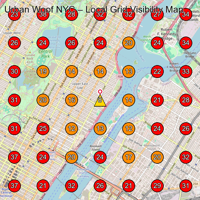 Urban Woof NYC GeoGrid visibility map for Dog Day Care Center in New York